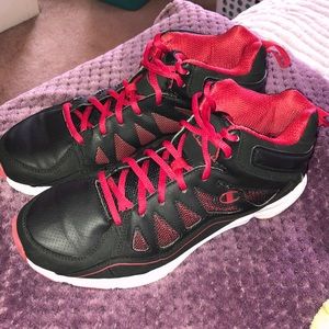 red and black high top champion sneakers